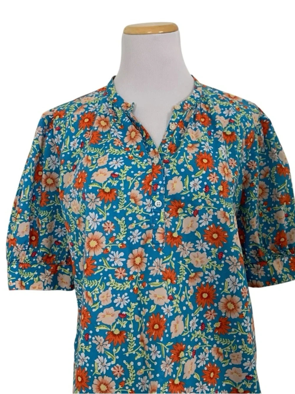 Loft Outlet Floral Puff Sleeve Top Womens M V Neck Button Popover Cotton